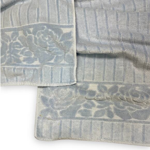 Vintage Mid Century St. Mary's | Blue Sculpted Floral Cotton Bath Hair Towel Set - Picture 1 of 11